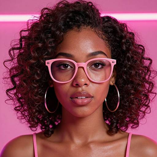 Photograph of a young Black woman with curly hair, wearing pink oversized glasses and large hoop earrings, against a pink neon-lit background.