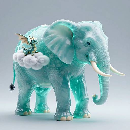 Photorealistic CGI of a glowing, translucent blue elephant with a small dragon on a cloud near its ear, against a white gradient background.