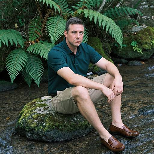 Photograph of a muscular, fair-skinned man with short dark hair, wearing a black polo, beige shorts, and brown loafers, sitting on