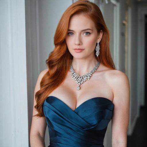Elegant Redhead Woman in Blue Dress