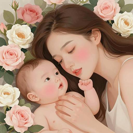 Serene Mother and Baby in Flowers