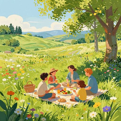 Sunlit Family Picnic in Countryside