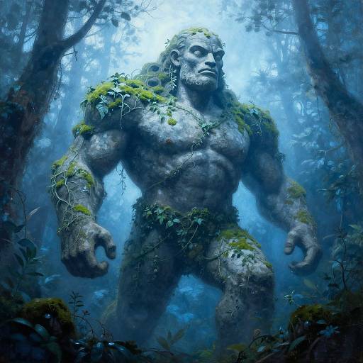 Digital art: A muscular, stone-like man with moss-covered skin and beard, standing in a misty, blue-tinted forest, exuding