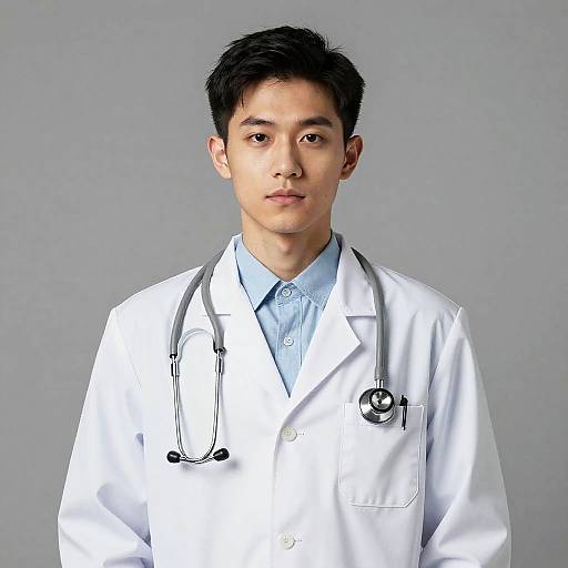 Photograph of an Asian male doctor with short black hair, wearing a white lab coat, light blue shirt, and stethoscope. Gray background.