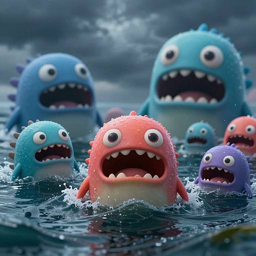 CGI image of colorful, cartoonish sea monsters with spiky textures and wide, gaping mouths emerging from turbulent water under a stormy sky.