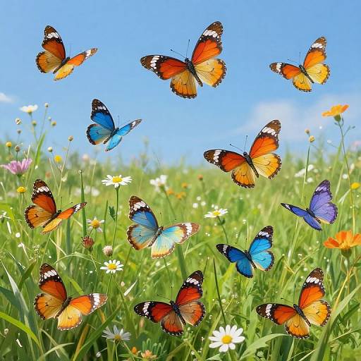 Photograph of vibrant orange and blue butterflies fluttering in a sunny meadow filled with white daisies and orange flowers.