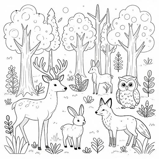 Black-and-white line drawing of a forest scene with deer, rabbit, and owl, surrounded by trees and foliage, creating a whimsical, cartoonish
