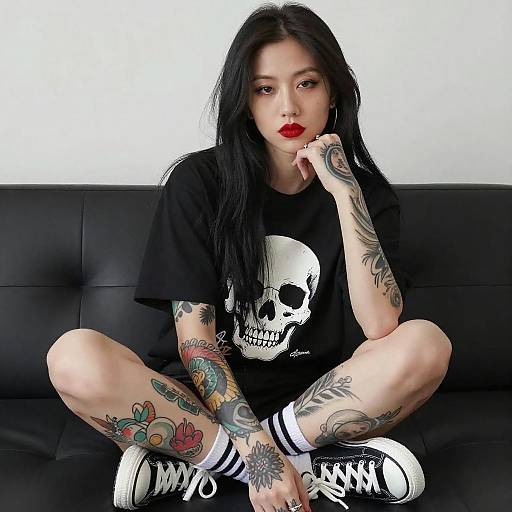 Tattooed Asian Woman on Black Couch