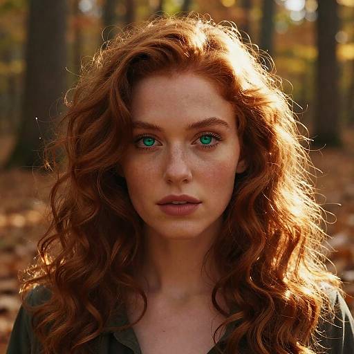 Photograph of a young woman with striking green eyes, wavy auburn hair, and freckles, standing in a sunlit forest with