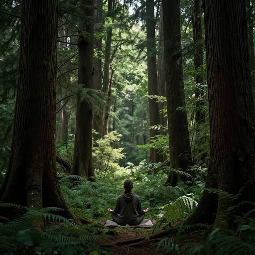 Photograph of a person in a gray hoodie, seated cross-legged in a lush, sun-dappled redwood forest, meditating, surrounded by