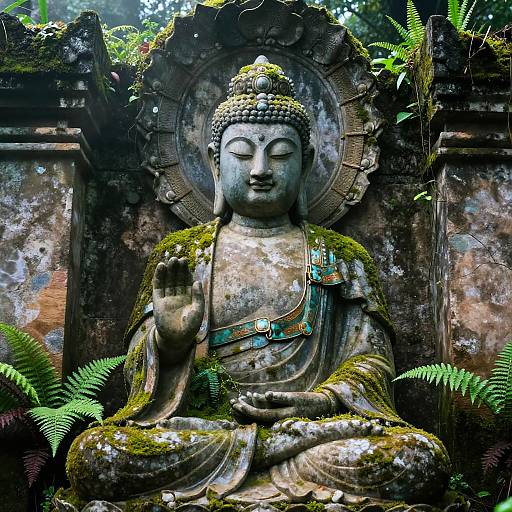 Photograph of a moss-covered, serene Buddha statue with closed eyes, raised right hand, and intricate blue and gold robes, surrounded by lush green fern