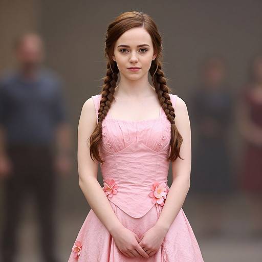 Photograph of a fair-skinned woman with braided brown hair, wearing a pink, floral-embellished dress, standing confidently with hands clas