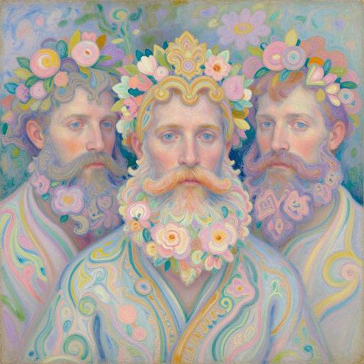 Digital painting of three bearded men with floral crowns and robes, featuring pastel colors, swirling patterns, and soft, ethereal expressions.