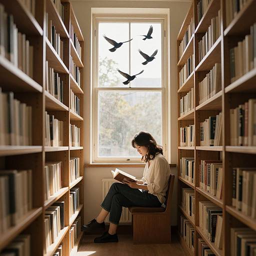 Photograph of a woman with curly hair reading in a sunlit library aisle, surrounded by tall wooden bookshelves, with black birds silhouet