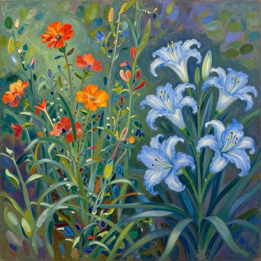 Vibrant oil painting of red poppies and blue lilies with green foliage, set against a swirling, colorful background. Expressive, impressionistic