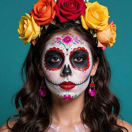 Photograph of a woman with dark brown hair, white face painted as a sugar skull, red and yellow flower crown, black eye sockets, red lips