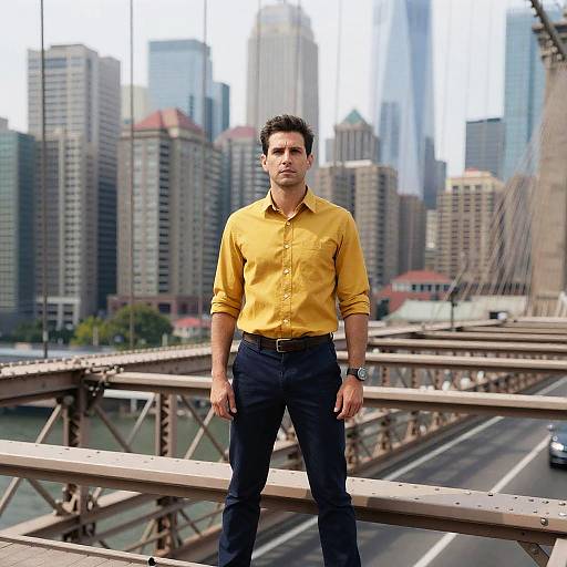 Confident Man Overlooking Colorful Cityscape