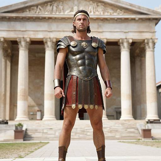 Photograph of a muscular man with medium-brown skin and dark hair, wearing ancient Roman gladiator armor, standing in front of a neoclass