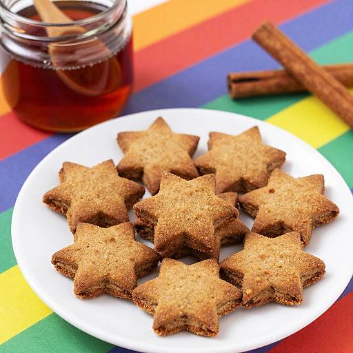Photograph of star-shaped gingerbread cookies on a white plate, with a jar of honey and cinnamon sticks on a colorful rainbow-striped tablecloth.