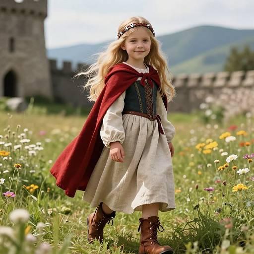 Photograph of a young girl with long blonde hair, wearing a white dress, red cape, brown boots, and floral headband, standing in a