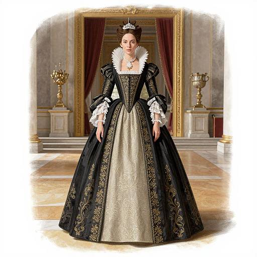 Photograph of a regal woman in an elaborate black and gold Renaissance-style gown with white lace, standing in an opulent, ornate room.