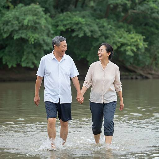 Photograph of smiling Asian couple, man in white shirt and black shorts, woman in beige blouse and dark pants, holding hands and walking in shallow river