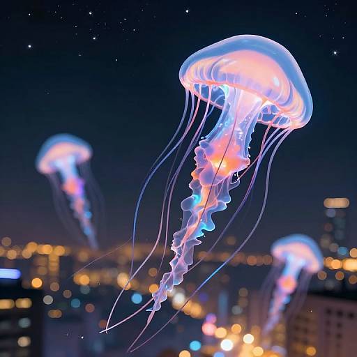 Photograph of glowing, pink and blue jellyfish floating in a dark night sky, with city lights and blurred skyscrapers in the background.