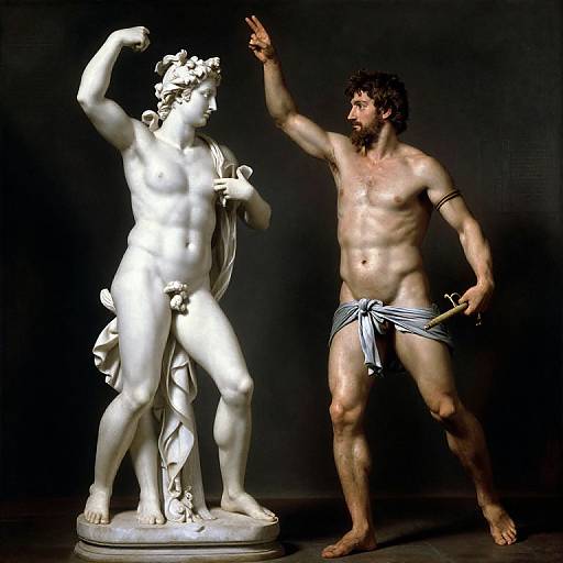 Photograph of a muscular, bearded man in a white cloth around his waist, pointing at a white classical marble statue with a raised arm and flex