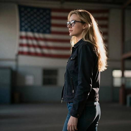Blonde Woman in Dark Jacket with American Flag