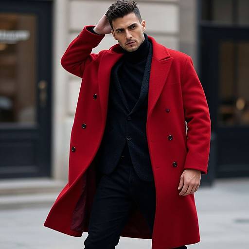 Photograph of a handsome, dark-haired man in a long, bright red coat, black turtleneck, and black pants, standing confidently with one