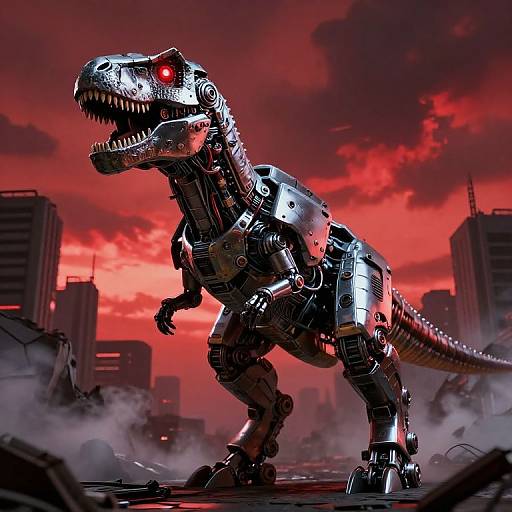 Digital artwork of a robotic T-Rex with glowing red eyes, metallic body, and sharp teeth, set against a red sky and cityscape ruins.