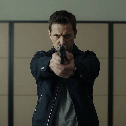 Serious Man Pointing Gun in Dim Lighting