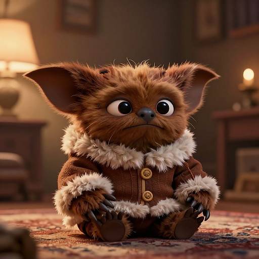 CGI image of a cute, big-eyed, brown-furred, goblin-like creature with large ears, wearing a fur-trimmed brown coat