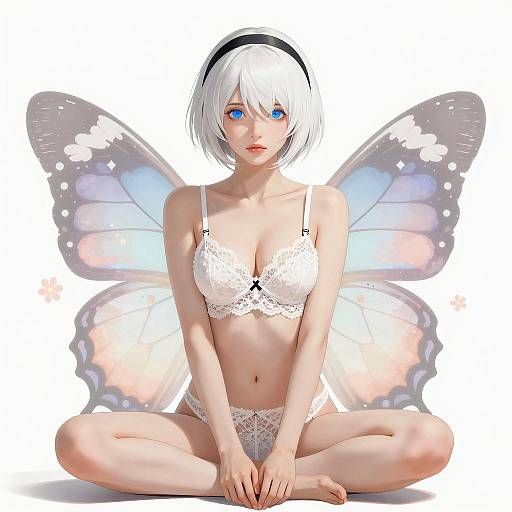 Woman with Butterfly Wings in White Lace Lingerie