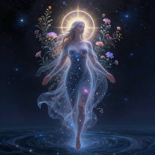 Digital artwork of a glowing, ethereal woman with a radiant halo, flowing blue dress, surrounded by flowers and stars, standing in a reflective water pool