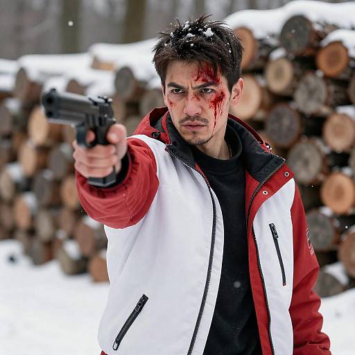Man with Bloodied Face Pointing Gun in Snowy Forest