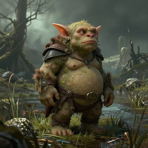 CGI fantasy image of a green-skinned, hairy, small, muscular goblin with large ears, wearing leather armor, standing by a mossy
