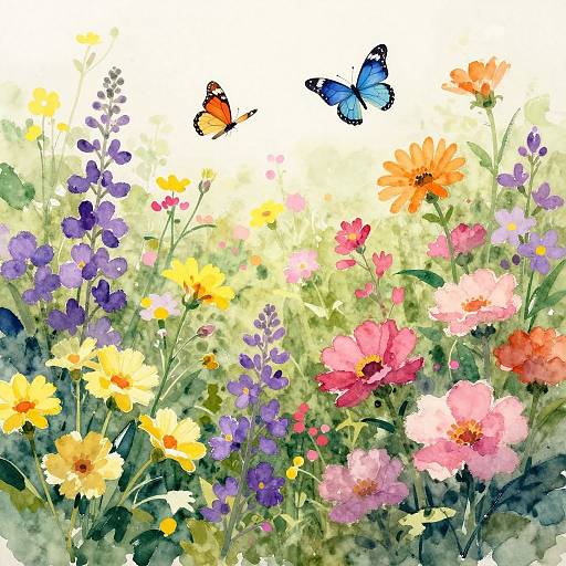 Watercolor painting of a vibrant, colorful meadow with yellow, purple, pink, and orange flowers, and two butterflies (one orange, one blue