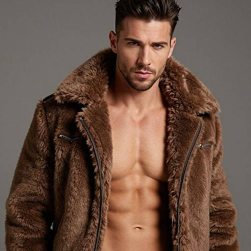 Photograph of a muscular, handsome man with short dark hair, light stubble, wearing an open brown fur coat, revealing his toned, bare chest