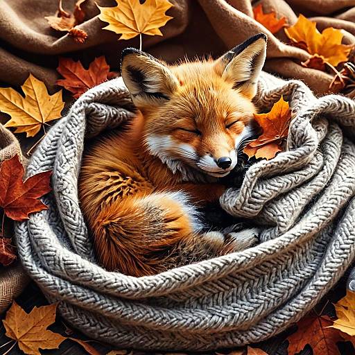 Sleepy Fox Cub in Cozy Autumn Setting