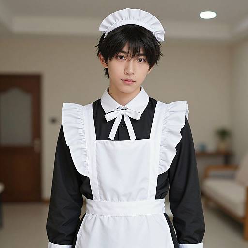 Young Asian male in black and white maid outfit with white apron and headpiece, standing in a softly lit, minimalist room. Photorealistic CGI