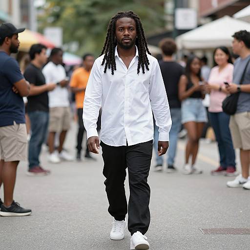 Photograph of a tall, black man with dreadlocks, wearing a white button-down shirt, black pants, and white sneakers, walking confidently down a