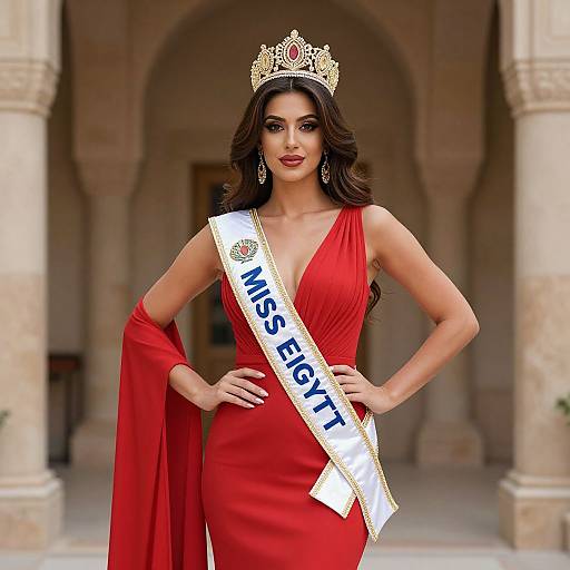 Photograph of a beautiful woman with long dark hair, wearing a red gown, crown, and 
