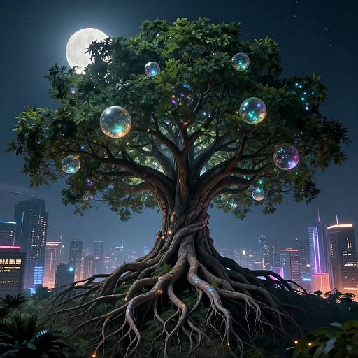 Digital artwork of a glowing moonlit cityscape with a large, fantastical tree featuring iridescent bubbles on its branches, surrounded by neon-lit