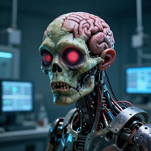 CGI image of a robotic, cybernetic skull with glowing red eyes, exposed brain, and metallic neck in a dimly lit lab.