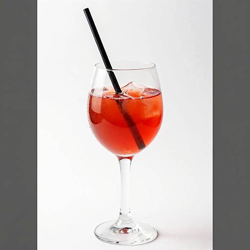 Photograph of a red cocktail in a clear glass with ice cubes and a black straw, set against a white background.