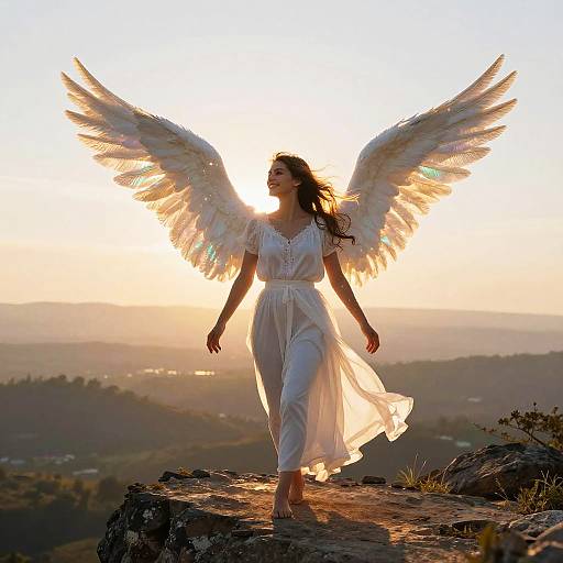 Photograph of a woman with angel wings, white dress, and flowing brown hair, standing on a rocky cliff at sunset.