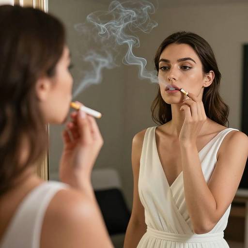 Photograph of a dark-haired woman in a white sleeveless dress, smoking a cigarette, with blue smoke curling around her face reflected in a mirror