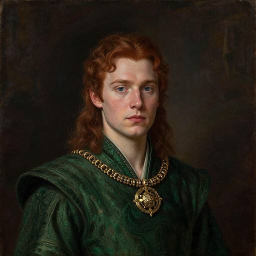 Photorealistic portrait of a pale, red-haired young man with blue eyes, wearing a dark green, patterned robe and a gold chain with a