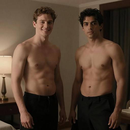 Brotherly Bond in Dimly Lit Room